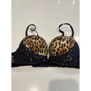 Victorias Secret Miraculous Plunge Bra 34A Leopard Print Lace Push Up Satin